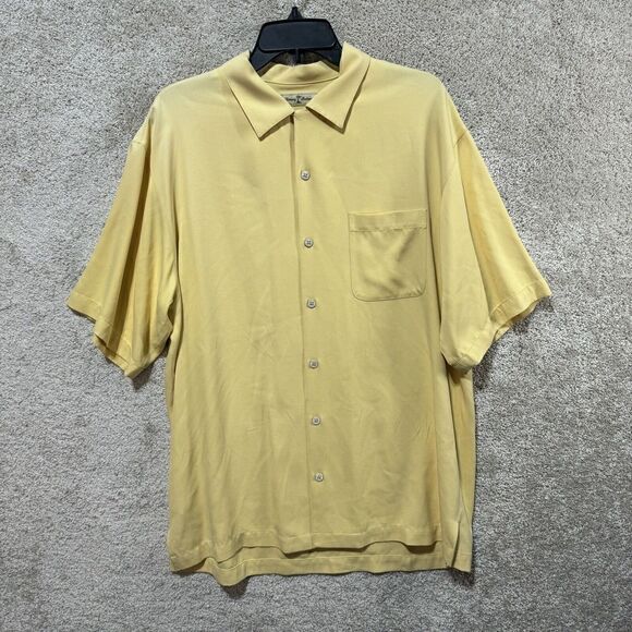 Tommy Bahama 100% Silk Shirt Men's Medium Yellow Button Up Short Sleeve Pocket‎ - Picture 1 of 10